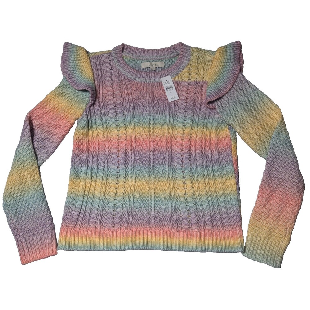 LOFT Women Medium Rainbow Pastel Arcylic‎ Blend Ruffle Cable Knit Sweater NEW